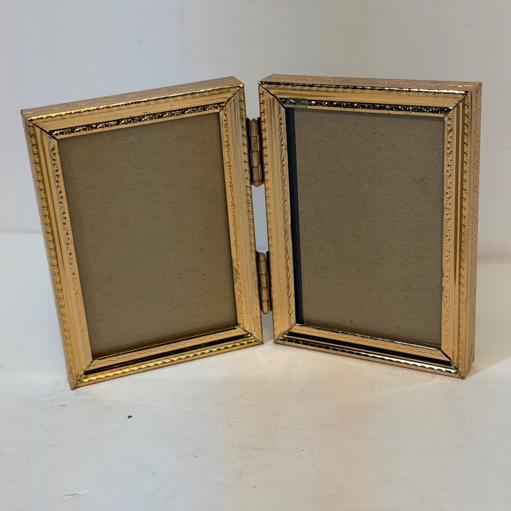 Vintage Gold Hinged Double Picture Frame Embossed Metal Folding 2.5x3.5 Photo